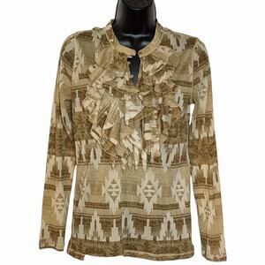 RALPH LAUREN CHAPS MESH KNIT BLOUSE BOHO WESTERN AZTEC SOUTHWEST RUFFLE SIZE L
